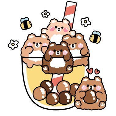 Şirin ayıcık çeşitli pozlarda büyük balonlu sütlü çay fincanı içinde beyaz arka planda arı ve çiçek. Tatlı. Vahşi hayvan karakteri çizgi film tasarımı..