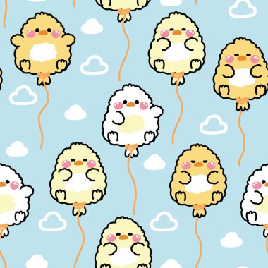 Gökyüzü arkaplanı bulutlu, kusursuz bir tavuk balonu deseni. Bubble.Hen.Çiftlik hayvanı karakteri çizimi. Kart, poster, bebek kıyafetleri için görüntü..