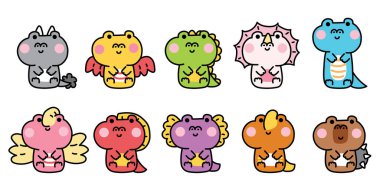 Bir grup şirin dinozor beyaz arka planda oturuyor. Dino. Jurassic. Vahşi hayvan karakteri çizimi. Çocuk grafiği.. 