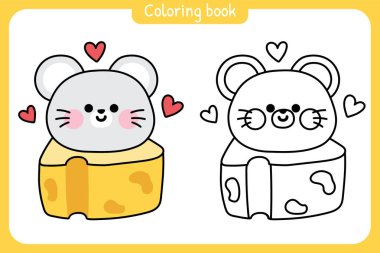 Boyama kitabı. Çocuk için boyama kitabı. Chool.Page.Şirin fare kafası peynirde kalsın. Rat.Heart.Kemirgen hayvan karakteri çizimi..