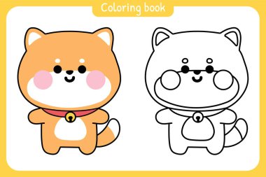 Boyama kitabı. Çocuklar için boyama kitabı. Sayfa. Şirin shiba inu köpek duruşu. Japon hayvan karakteri çizgi filmi tasarımı..