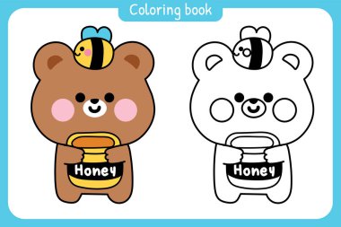 Boyama kitabı. Çocuk için boyama kitabı. Çağrı cihazı. Tatlı oyuncak ayı bal kavanozunu arı ile tutuyor..