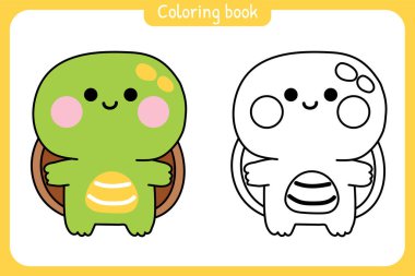 Boyama kitabı. Çocuklar için resim kitabı. Çağrı cihazı. Beyaz arka planda şirin kaplumbağa duruşu. Sualtı Hayvanı Karakteri Çizimi..