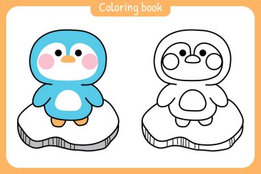 Boyama kitabı. Çocuklar için resim kitabı. Çağrı cihazı. Güzel penguen. Buz üstünde duruyor. Kuzey Kutbu..