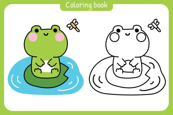 stock vector Coloring book.Painting book for kid.School.Page.Cute frog sit on leaf river background.Dragonfly.Reptile animal character cartoon design.Kawaii.Vector.Illustration.