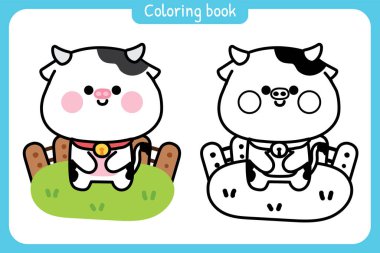 Boyama kitabı. Çocuklar için resim kitabı. Çimen çitinde şirin inek standı. Çiftlik hayvanı karakteri çizimi..