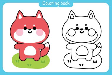 Boyama kitabı. Çocuklar için resim kitabı. Sayfa. Çimenler üzerinde şirin tilki duruşu. Vahşi hayvan karakteri çizgi film tasarımı..