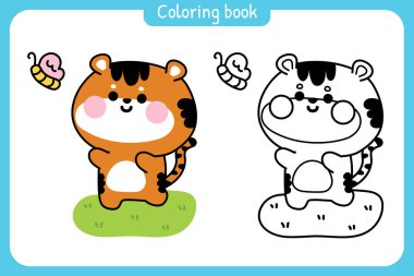 Boyama kitabı. Çocuklar için resim kitabı. Sayfa. Bahçede kelebek yakalamak için koşan sevimli kaplan. Vahşi hayvan karakteri çizimi..