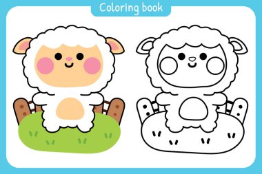 Boyama kitabı. Çocuklar için boyama kitabı. Çadır çitinde şirin koyun standı. Çiftlik hayvanı karakteri çizimi..