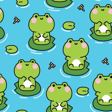 Şirin kurbağanın kusursuz deseni Lotus yaprağı nehir tabanında oturur. Ejderha sineği. Sürüngen hayvan karakteri çizgi film tasarımı. Kart, poster, bebek kıyafetleri için görüntü..