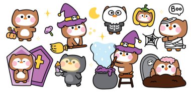 Mutlu cadılar bayramı kutlamaları. Çeşitli pozlarda şirin baykuşların pozları. Ay, zehir, örümcek ağı, balkabağı eli. Cadı. Drakula. Zombiler. Gece..