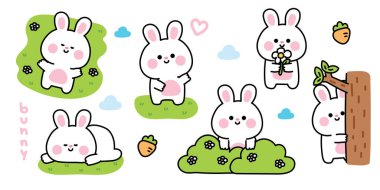 Ormanda çeşitli şirin pozlar veren tavşanlar. Doğada. Roden. Havuç, çiçek, bulut, ağaç el çizimi. Doğuda. Tavşan..