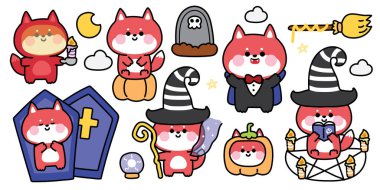 Happy halloween.Set of cute fox in various poses halloween festival.Coffin,pumpkin,magic,broom hand drawn.Witch.Dracula.Zombies.Moon.Cloud.Night.Animal cartoon.Kawaii.Vector.Illustration.
