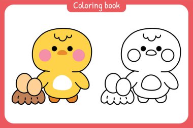 Boyama kitabı. Çocuklar için boyama kitabı. Çağrı cihazı. Yumurtalı şirin tavuk. Çiftlik kuşu hayvan karakteri çizgi film tasarımı..