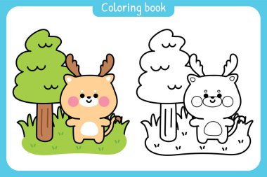 Boyama kitabı. Çocuklar için boyama kitabı. Chool.Page.Çimenlikte ağacı olan sevimli geyik standı. Jungle. Vahşi hayvan karakteri çizimi..
