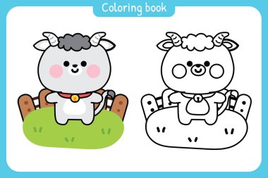 Boyama kitabı. Çocuklar için resim kitabı. Çimen çitinde şirin keçi standı. Çiftlik hayvanı karakteri çizimi..