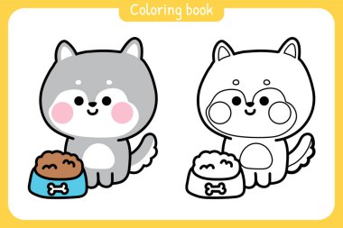 Boyama kitabı. Çocuklar için boyama kitabı. Çağrı cihazı. Köpek mamasına bakan şirin Sibirya köpeği. Hayvan karakteri çizimi..