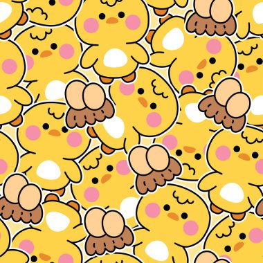 Yumurta yapıştırmalı kusursuz tavuk deseni. Çiftlik kuşu hayvan karakteri çizgi film tasarımı. Kart, baskı ekranı, bebek kıyafetleri için görüntü..