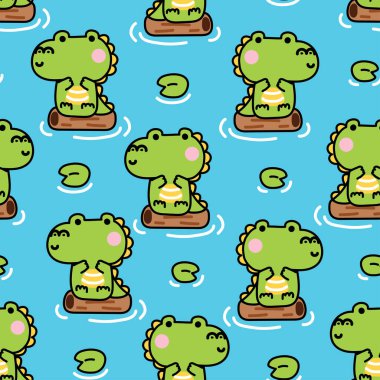 Şirin timsahın kusursuz deseni, nilüfer yaprağı nehir arka planıyla tahtaya oturur. Sürüngen hayvan karakteri çizgi film tasarımı. Kart için görüntü, baskı ekranı, bebek kıyafetleri. Kawaii.Vector. Görüntü.