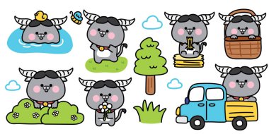 Bir sürü şirin poz veren bufalo. Çiftlik kamyonu, kelebek, ağaç, çiçek, ördek eli. Vahşi hayvan karakteri çizimi. Bebek grafiği..