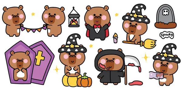 Happy halloween.Set of cute capybara in various poses halloween festival.Coffin,pumpkin,magic,grave hand drawn.Witch.Devil.Dracula.Star.Night.Animal cartoon.Kawaii.Vector.Illustration. — Illustration Happy Halloween Set Cute Capybara Various Poses Halloween Festival Coffin — Stock Vector