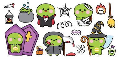 Mutlu cadılar bayramı. Çeşitli pozlarda şirin kaplumbağaların duruşu. Tabut, zehir, balkabağı, örümcek ağı, süpürge, kafatası çizimi. Cadı.Dracula.Zombiler. Gece. Hayvan çizgi filmi Kawaii.Vector. Görüntü:.