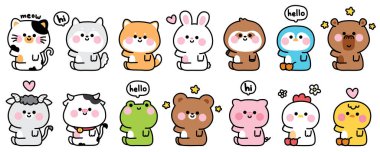 1.Sevimli hayvan selamlama pozu beyaz arka planda oturur. Evcil hayvan, kemirgen, vahşi, memeliler, sürüngen hayvanlar. Çizgi film karakteri el çizimi..