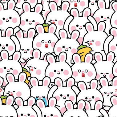 Tekrarlıyorum. Değişik duygularla sevimli tavşan tavşanın kusursuz deseni ve özgeçmiş pozu. Duygusal.Doğu.Kemirgen hayvan karakteri çizimi. Kawai Vektörü..