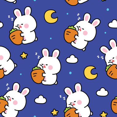 Gece gökyüzünde havuç yastığıyla uyuyan sevimli tavşan tavşanın kusursuz deseni. Ay. Yıldız. Bulut. Kemirgen hayvan karakteri çizimi..