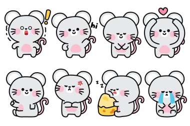 Değişik duygu ve pozlarda sevimli fare seti. Duygusal. Satranç. Fare. Kemirgen hayvan karakteri çizimi. Kart, etiket, dekorasyon, bebek üretimi..