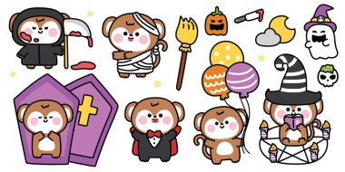 Cadılar Bayramınız kutlu olsun. Tatlı maymun festivali. Mezar, süpürge, balon, balkabağı, kafatası, el çizimi. Cadı. Ay. Hayalet. Zombiler..