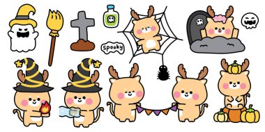 Cadılar Bayramında çeşitli pozlarda şirin geyikler. Süpürge, örümcek, balkabağı, zehirli el çizimi. Cadılar Bayramı. Gece. Hayvan karikatürü..