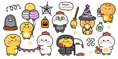 Mutlu cadılar bayramları. Çeşitli pozlarda şirin tavuk ve tavukların duruşu. Cadılar bayramı festivali. Örümcek ağı, tabut, zehir, balkabağı eli çizimi..