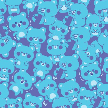 Değişik duygular içinde kusursuz sevimli oyuncak ayı deseni ve çizgili mavi arka plan. Duygusallık. Vahşi hayvan karakteri çizimi. Kawai..