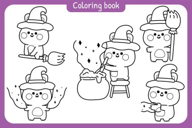 Boyama kitabı. Çocuk için resim kitabı. Chool.Page. Mutlu cadılar bayramı. Çeşitli şirin tavşan resimleri. Süpürge, zehir, sihirli el çizimi..