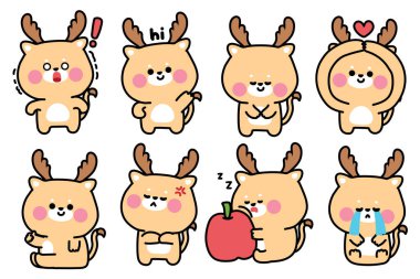 Çeşitli duygu ve pozlarda sevimli geyikler. Duygusal. Sevgi. Merhaba. Öfke. Vahşi hayvan karakteri çizgi film tasarımı. Kart, çıkartma, dekorasyon, bebek yapımı..