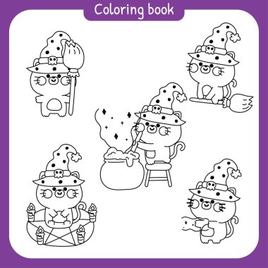 Boyama kitabı. Çocuk için boyama kitabı. Chool.Page. Mutlu cadılar bayramı. Çeşitli şirin kedi cadıları. Süpürge, zehir, sihirli el çizimi..