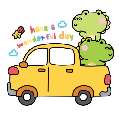 Şirin timsah kamyonet vagonunda harika bir mesaj bulutu ve gökkuşağı yıldızıyla kal. Trafik. Araba. Sürüngen hayvan karakteri çizilmiş el çizimi..