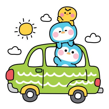 Şirin penguen ve tavuk güneşli ve bulutlu yeşil arabada kalırlar. Trafik, araç. Kuş çiftliği hayvan çizgi filmi el çizimi..