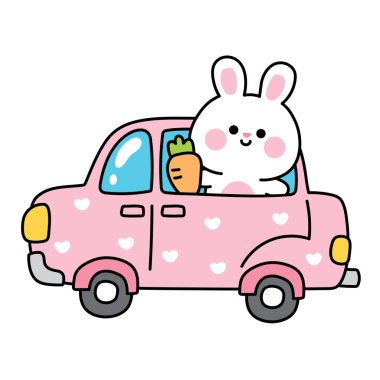 Havuçlu şirin tavşan kalp arabasında kalıyor. Trafikte, araçta, kemirgen hayvan karakteri el çiziminde. Kawai Vector. Görüntü:.