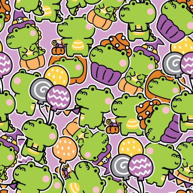 Tatlı timsahın kusursuz deseni arka planda poz veriyor. Balkabağı, balon, kek, cadı eli çizimi. Hayvan karakteri karikatürü..