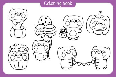 Boyama kitabı. Çocuk için resim kitabı. Chool.Page. Mutlu Cadılar Bayramı. Çeşitli pozlarda şirin baykuşlar. Cupcake, balkabağı, balon el çizimi..