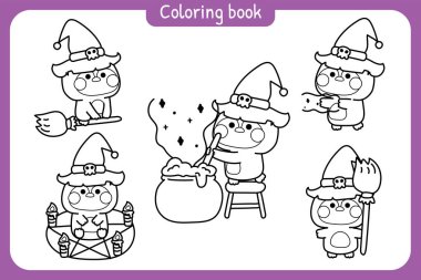 Boyama kitabı. Çocuk için resim kitabı. Chool.Page. Mutlu Cadılar Bayramı. Çeşitli pozlardaki sevimli baykuş cadıları. Süpürge, sihir, zehir el çizimi..