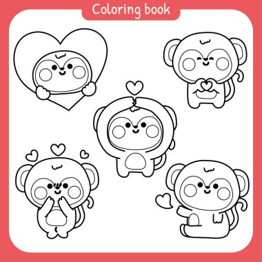 Boyama kitabı. Çocuklar için boyama kitabı. Chool.Sayfa. Aşık şirin maymun konsepti. Kalp. Vahşi hayvan karakteri çizimi..