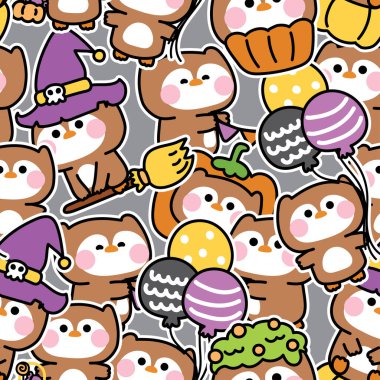 Cadılar Bayramınız kutlu olsun. Çeşitli baykuşların kusursuz desenleri Cadılar Bayramı bayramında poz verir. Balkabağı, süpürge, balon el çizimi..