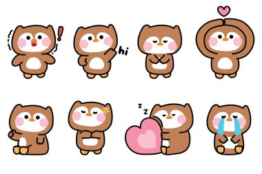 Değişik duygu ve pozlarda sevimli baykuş seti. Duygu. Sevgi. Merhaba. Öfke. Gece Kuşu Karakteri Çizimi..