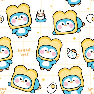 Şirin penguenlerin kusursuz desenleri, ekmek somunu şapka maskotu arka plan giyerler. Kahve, çaydanlık, sahanda yumurta, fırın eli. Kuzey kutbu hayvan karakteri deignasyonu. Kawai. İllüstrasyon..