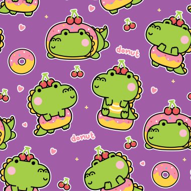 Kiraz arkaplanlı timsah derisi tatlı çörek maskotu. Sürüngen hayvan karakteri çizimi. Fırın ve tatlı. Kawaii.Vector..