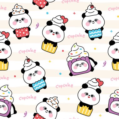 Tatlı pandanın kusursuz desenli pandası kek maskotu takar. Pastane ve tatlı el çizimi. Çin vahşi hayvan karakteri çizgi filmi tasarımı. Kart, çıkartma, bebek kıyafetleri için görüntü. Kawaii.Vector