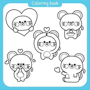 Boyama kitabı. Çocuklar için resim kitabı. Chool.Page. Aşık şirin fare konsepti. Kalp. Sevgililer Günü. Kemirgen hayvan karakteri çizimi..